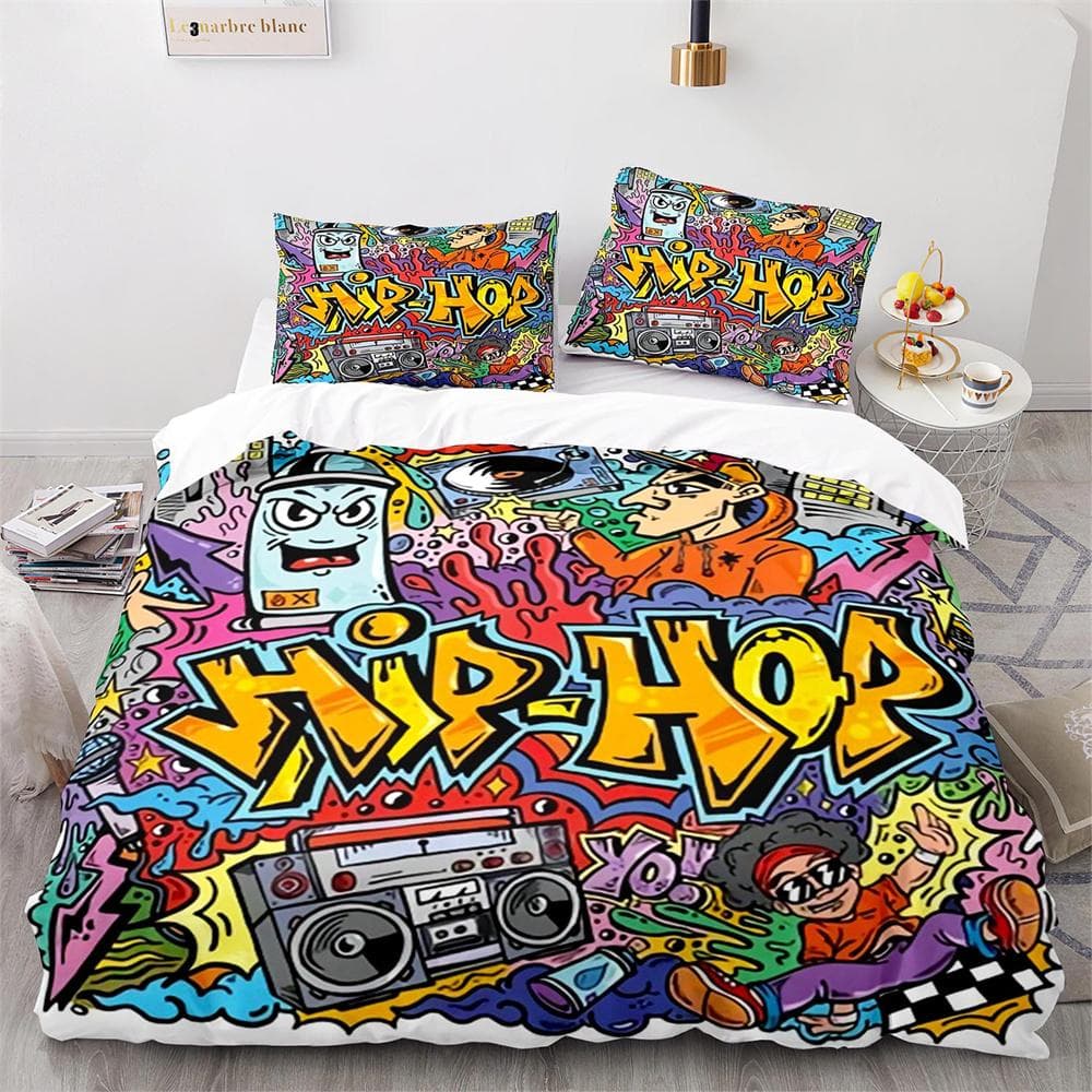 Modern Duvet Cover Set, Teenager Style Image Street Wall Graffiti Graphic Colorful Design Artwork Print,Hip Hop Bedding Set King EU single(135x200cm)