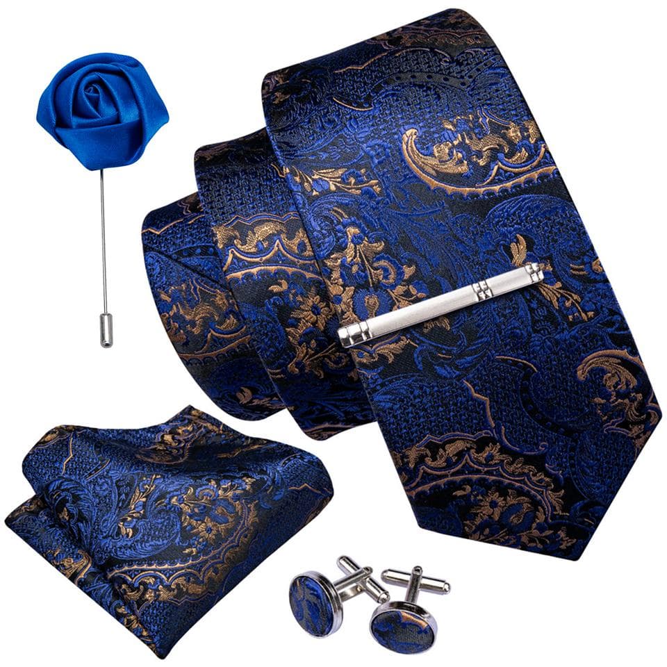 Barry.Wang Tie Set for Men Blue Paisley Silk Necktie Hanky Cufflinks Boutonniere Tie Clip for Wedding Business N-5133