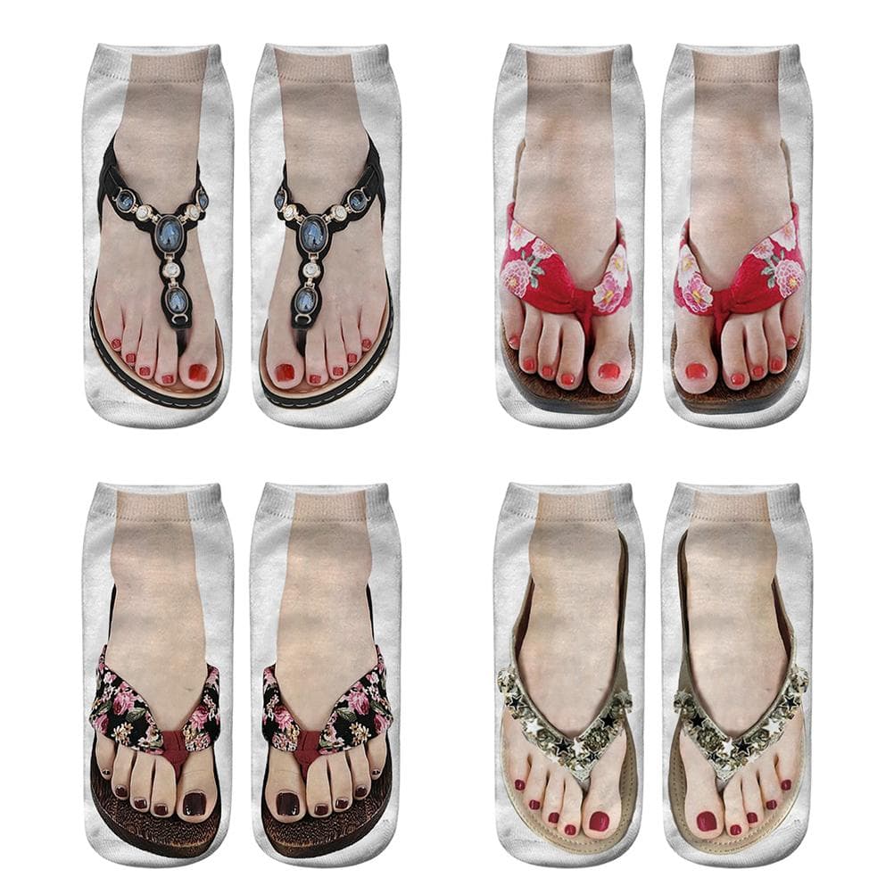 4 Pairs Funny Flip Flop Manicure Print Socks 3D Pattern Socks Sandal Printed Socks Low Cut Ankle Color 3+5+6+10
