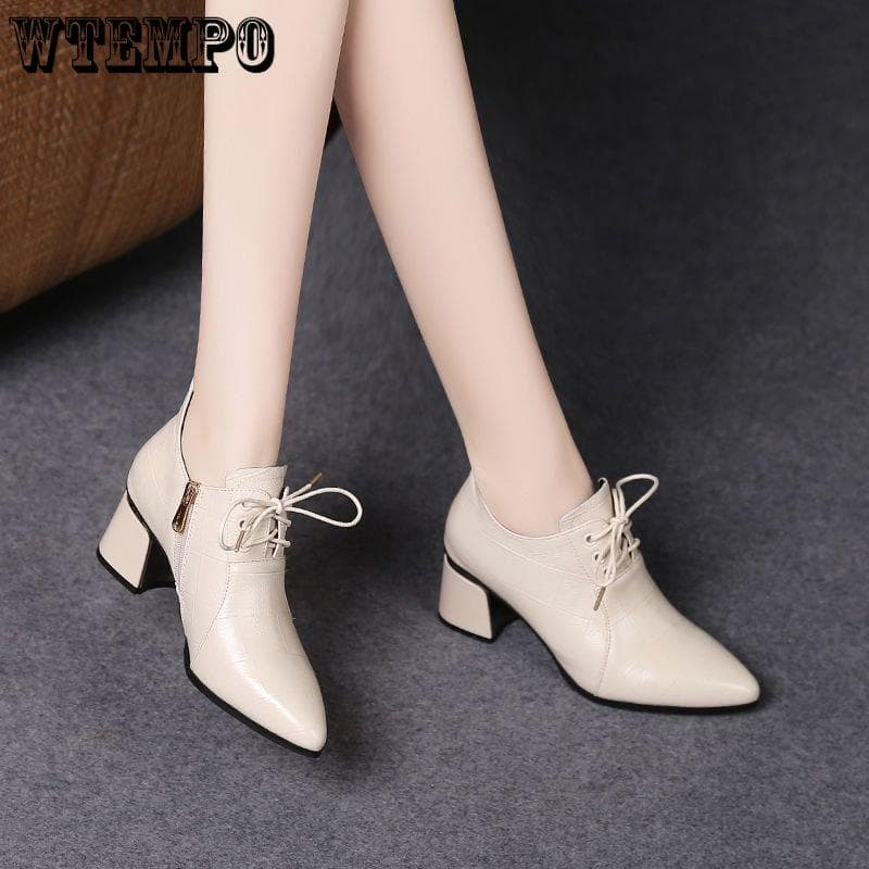 Women Solid Soft Leather Shoes Ladies Spring  Autumn Mid Heel Lace Up Deep Mouth Single Shoes 40 beige