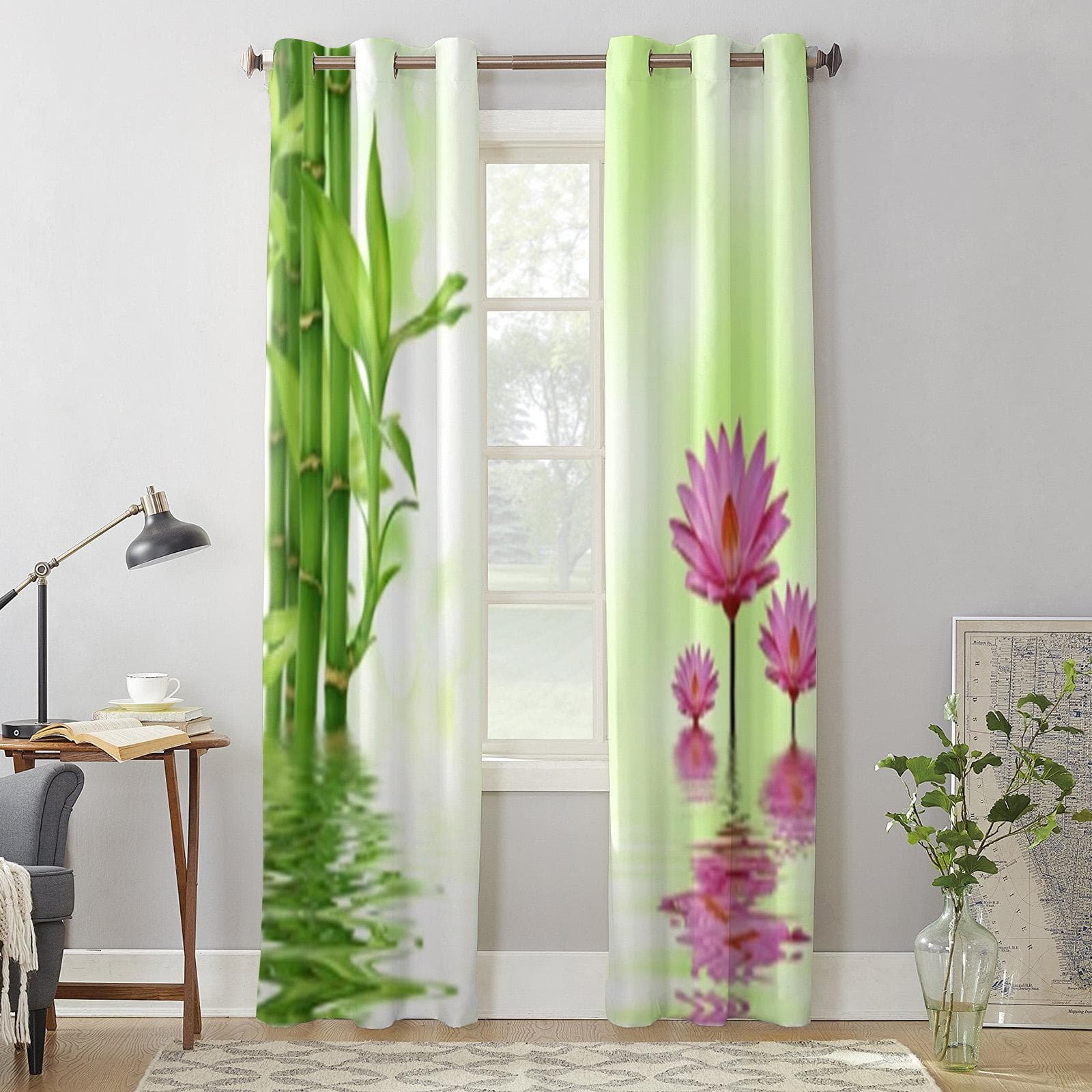 Lotus Flowers And Bamboo Window Curtain For Living Room Bedroom Decoration Curtains Luxury Kitchen Valance Curtains 135W x 60H(cm) x1