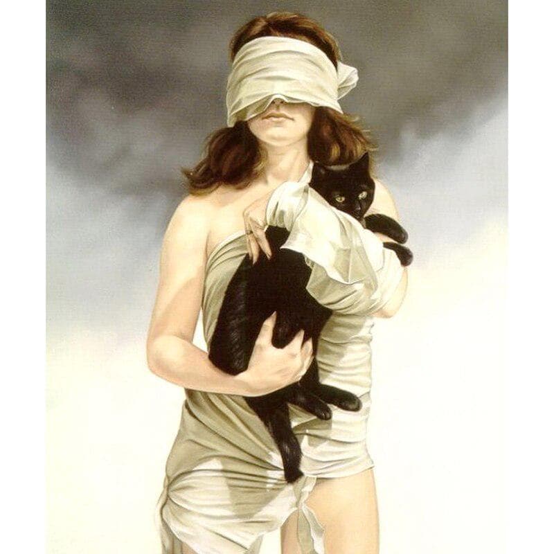 Diamond Mosaic DIY 5D Diamond Women with Black Cats 5D Diamond Embroidered 20X30CM