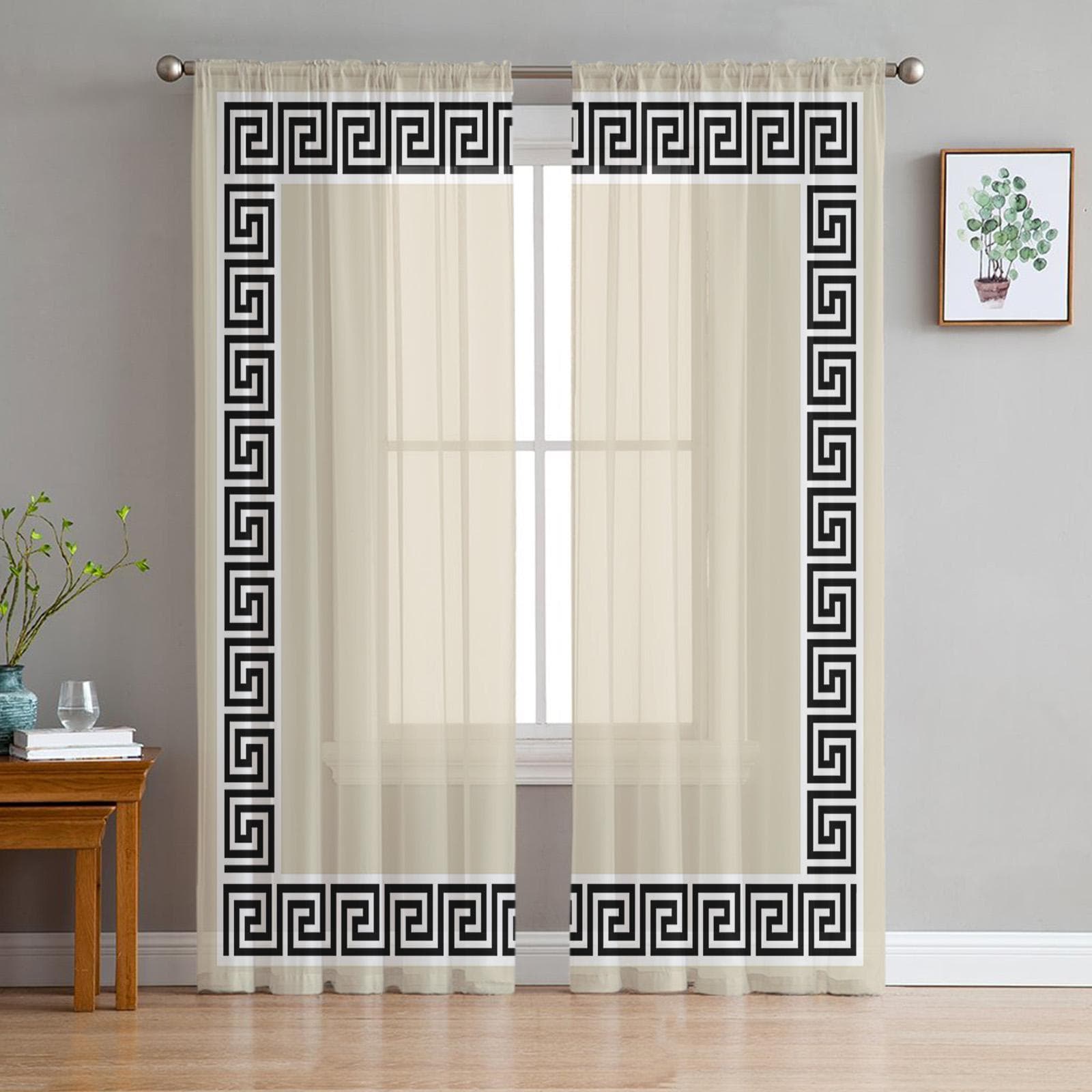 Red Geometric Greek Key Pattern Voile Sheer Curtains Living Room Window Chiffon Tulle Curtain Kitchen Bedroom Drapes Home Decor 135W x 183H(cm)