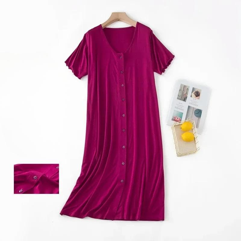 Modal Summer Short-sleeved Sexy Night Dress with Button Mid-long Nightdress Women's Comfortable Smooth Viscose Home Clothes S