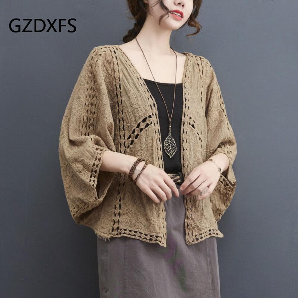 DX- MS64-Spring and Summer Cotton Embroidery Lace Cardigan Short Bat Sleeve Loose Shawl 7 Split Sleeve Air Conditioner Sunscreen Clothes Cover Female One size khaki