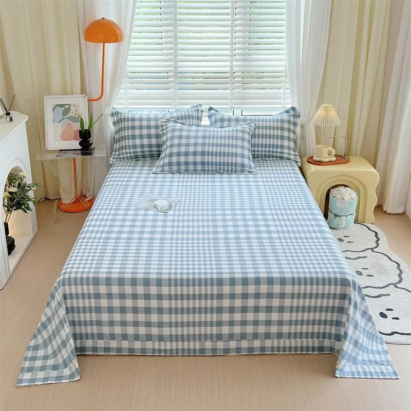 Green Check Raw Cotton Bed Sheets For Double Bed All Seasons Bed Cover Full Set Queen/King Size Flat Top Sheets No Pillowcase 160x230cm 1pc