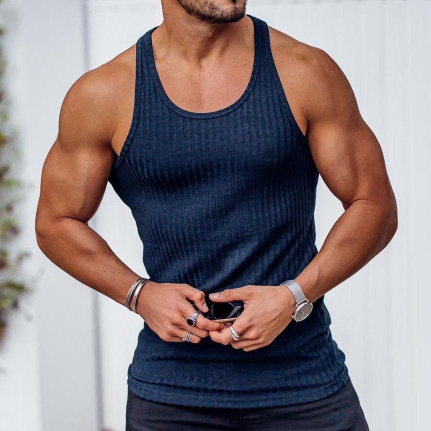 Rib Knitted Man Vests Summer Casual O-Neck Sleeveless Slim Stretch Sporty Tank Tops L navy blue