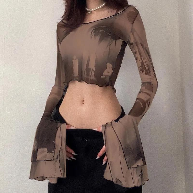 Gothic Flare Sleeve See Through T-shirts Emo Lettuce Hem Sexy Streetwear Punk Aesthetic Print Y2k Mesh Women Crop Tops 2XL brown