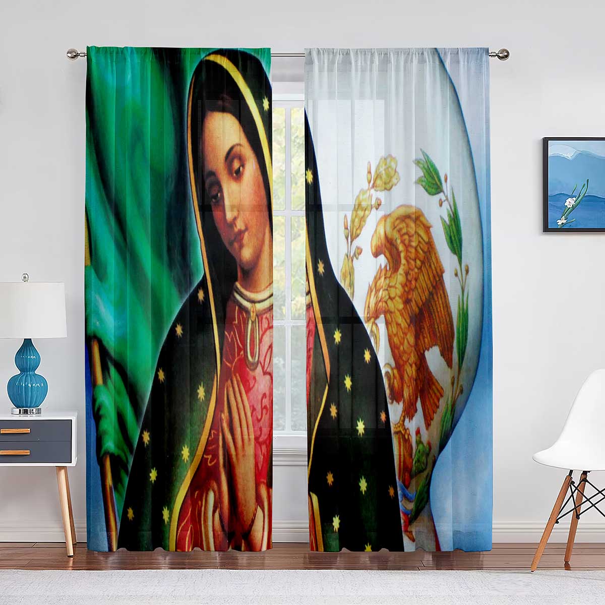 Our Lady Guadalupe Mexican Saint Virgin Mary Floral Sheer Voile Curtains for Bedroom Living Room Kitchen Chiffon Tulle Curtains 1 PCS W100XH250cm&Grommet Top