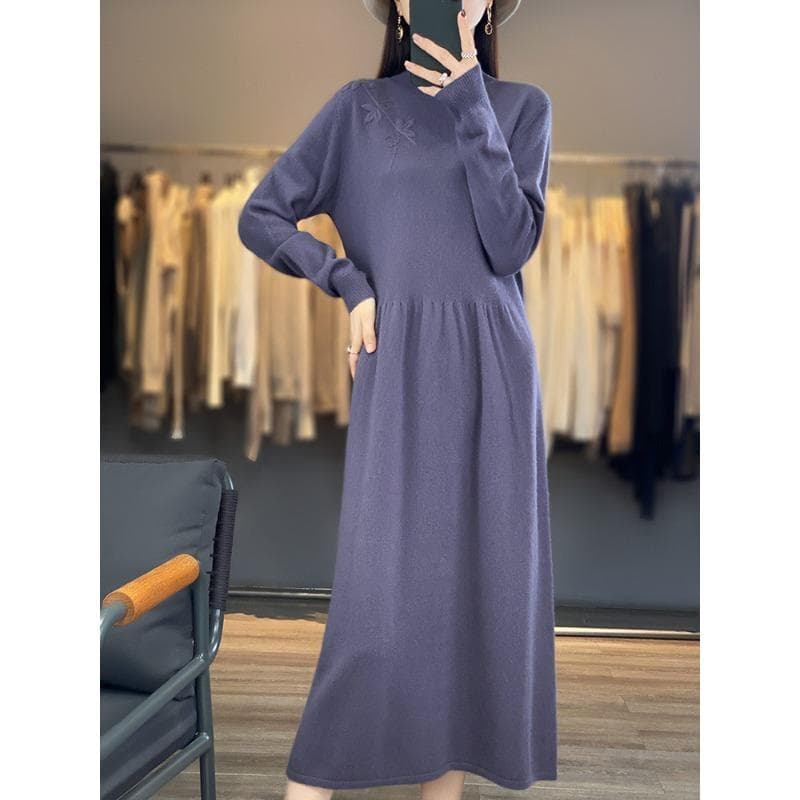 Hand-embroidered Half-high Neck Wool Dress for Women In Autumn and Winter New Fashionable and Versatile Mid-length Temperament Cashmere Skirt XXL