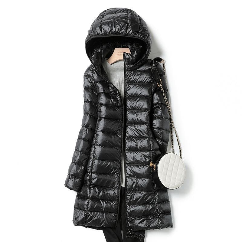Women Fall Winter Stand Collar Hooded Solid Color Zipper Long White Duck Down Jacket S-7XL M black