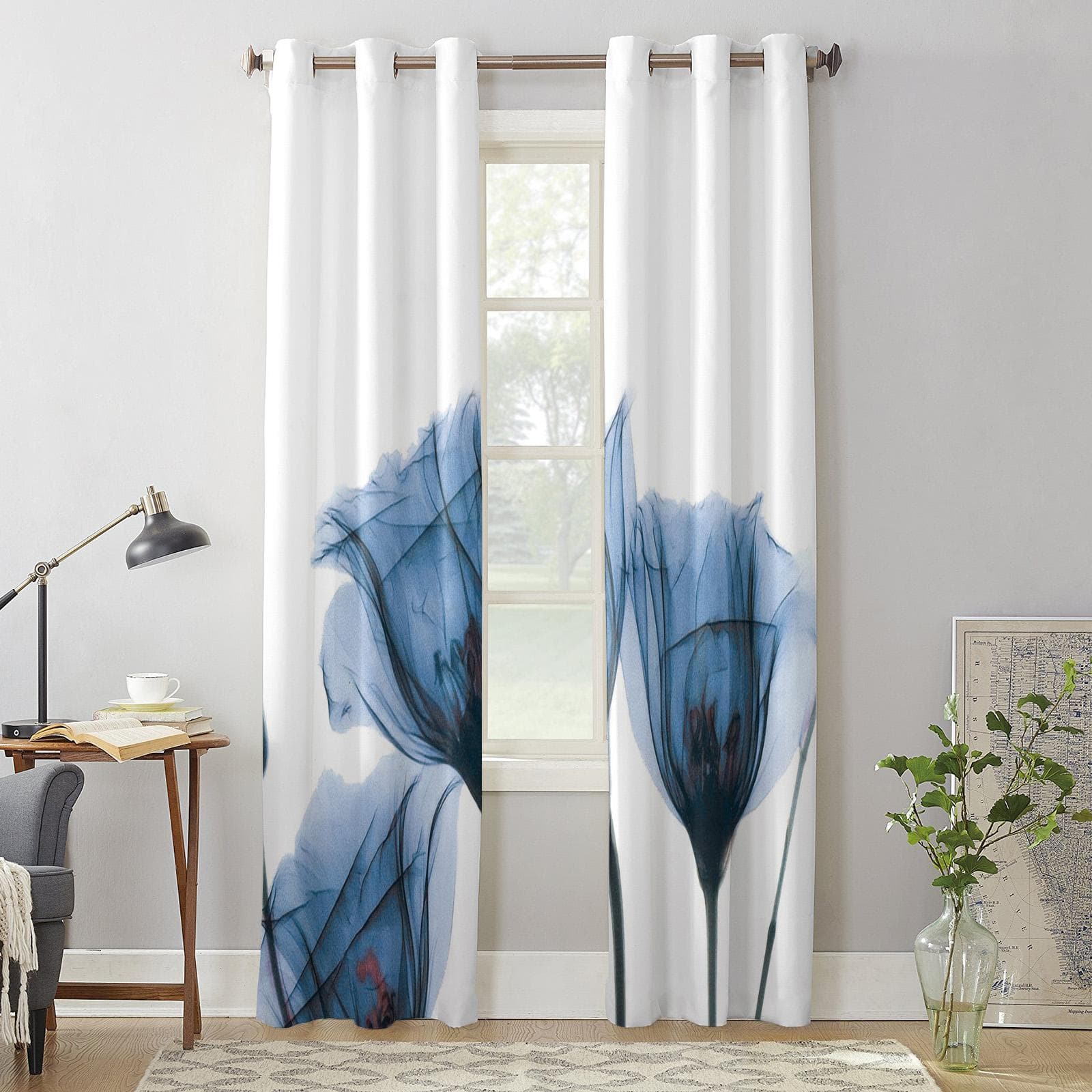 Modern Window Curtains for Living Room Abstract Blue Flower Curtains for Child Bedroom Kitchen Decor Blinds Drapes 135W x 60H(cm) x1