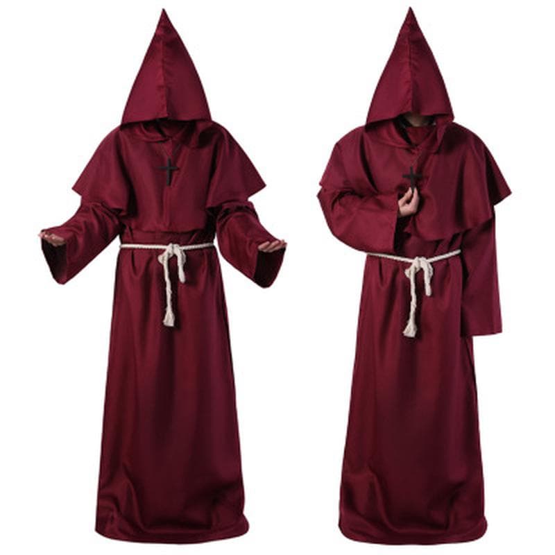 Scione Wizard Costume Cosplay Medieval Monk Friar Robe Priest Costume Ancient Clothing Christian Suit S wine red