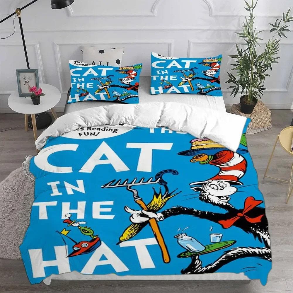 The Cat in the Hat Bedding Sets Comforter Quilt Bed Cover Duvet Cover Pillow Case Sets Kids Adult Size Home Textiles EU Single 135x200cm