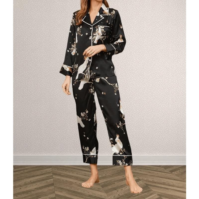 Printed Ladies Mulberry Silk Pyjamas Tops Pants Women Long Sleeve Soft Nightwear Female Loungewear Pure Silk Sleepwear Set 2XL black