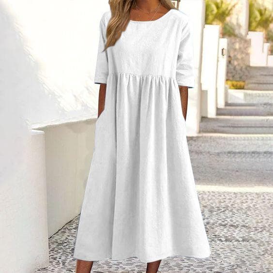 Spring and Summer Women's Dress Round Neck Large Size Casual Loose Long Solid Colour Cotton Linen Dresses M ivory