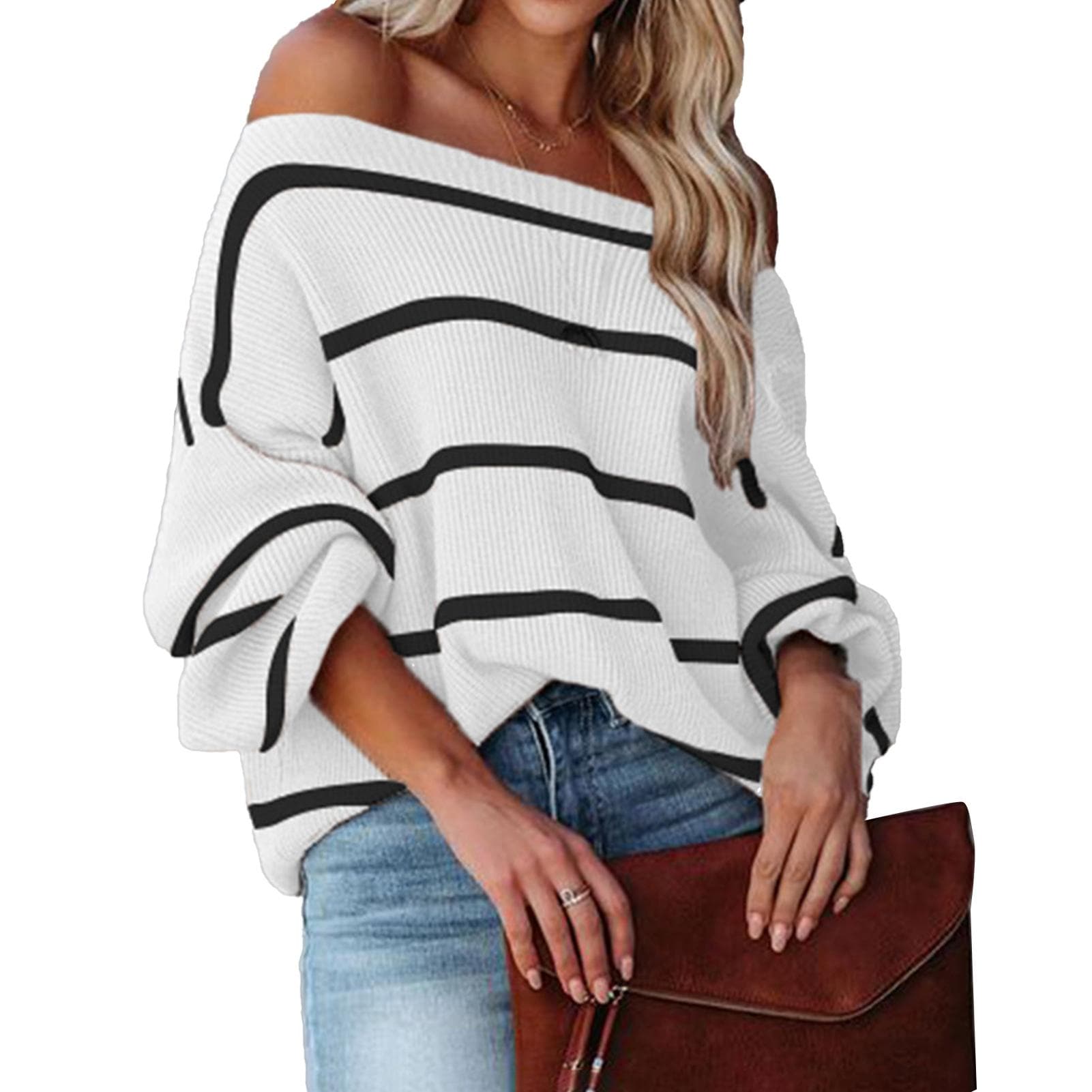 Women Blouse Pullover Puff Sleeve Cold Off Shoulder Shirt Stripe Design for Home Party Pink Apricot L white