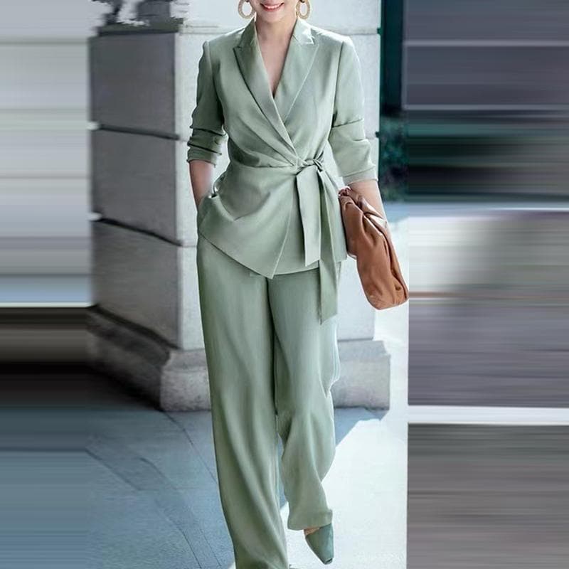 ZANZEA Women Casual Cardigan Blouse and Wide Leg Pants Loose Two Piece Suit Set S green