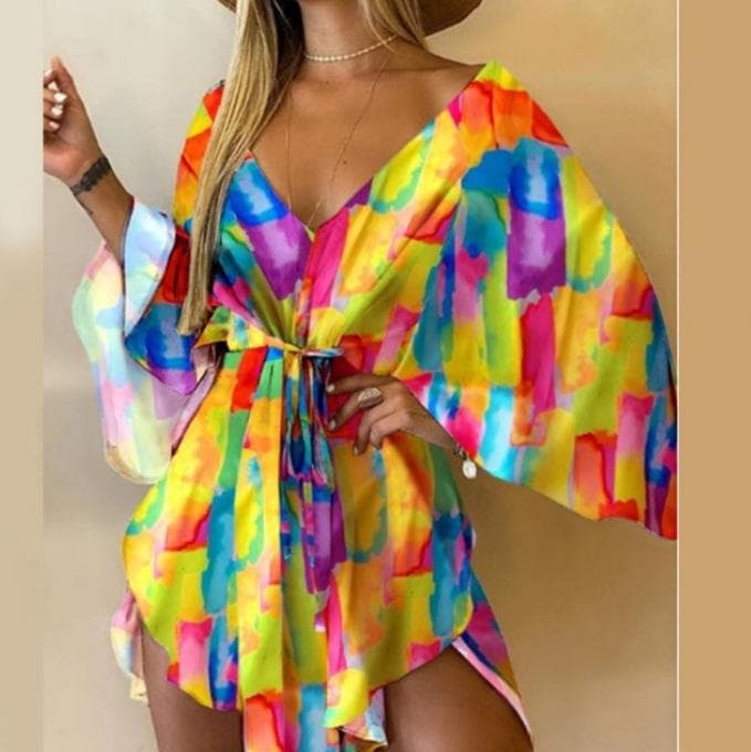 Summer Women's Sexy V-Neck Irregular Bat Sleeve Tie Dress S multicolour