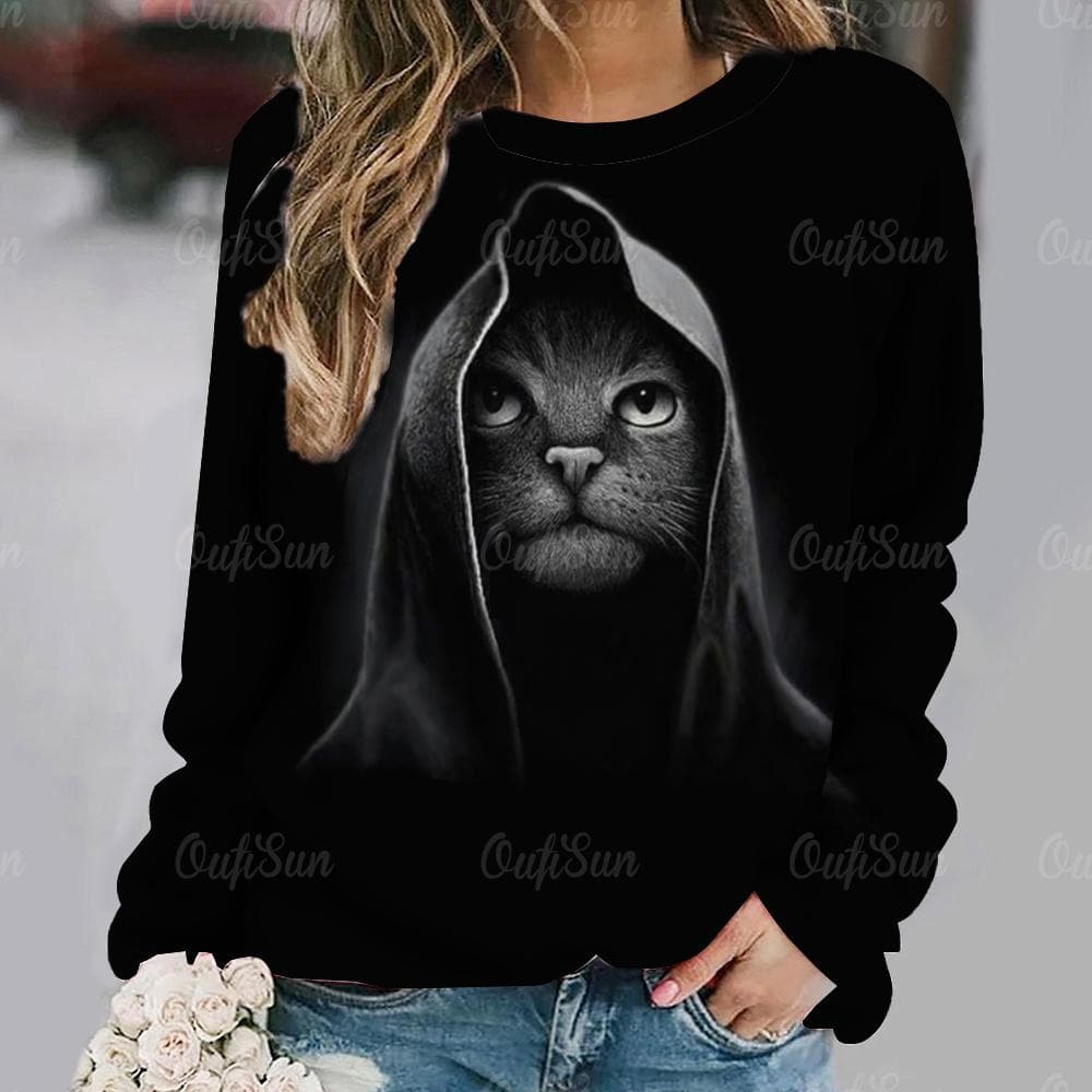Women Long Sleeve T Shirt Kawaii Cat Graphic 3d Print Tees Harajuku Casual Tops Autumn O Neck Pullover Female Loose Clothing 7XL