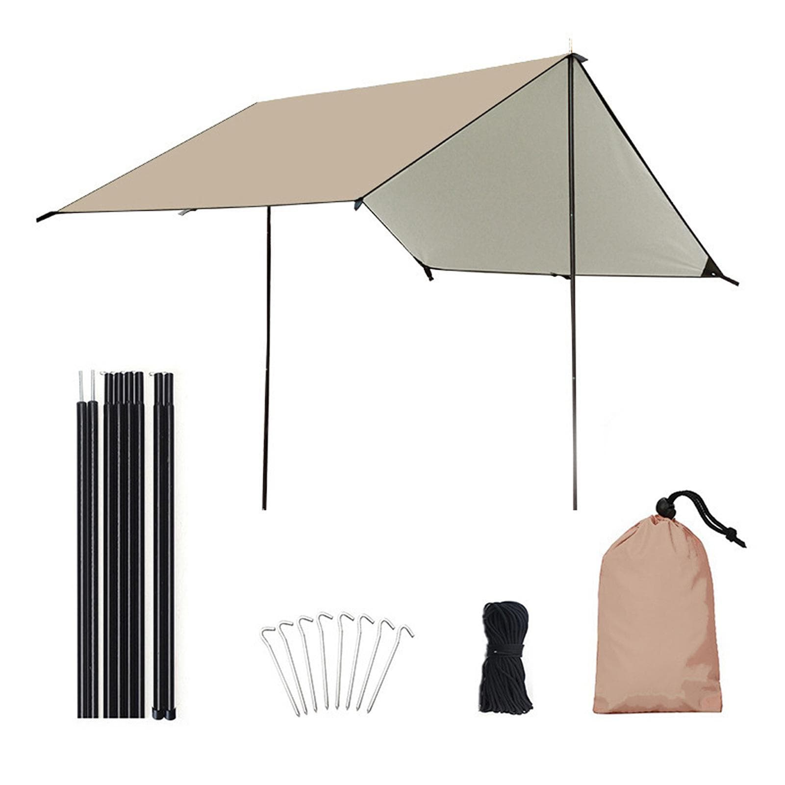 Camping Awning with Poles Waterproof UV Protection Sun Shade Outdoor Camping Hiking Backpacking 3x4 m khaki