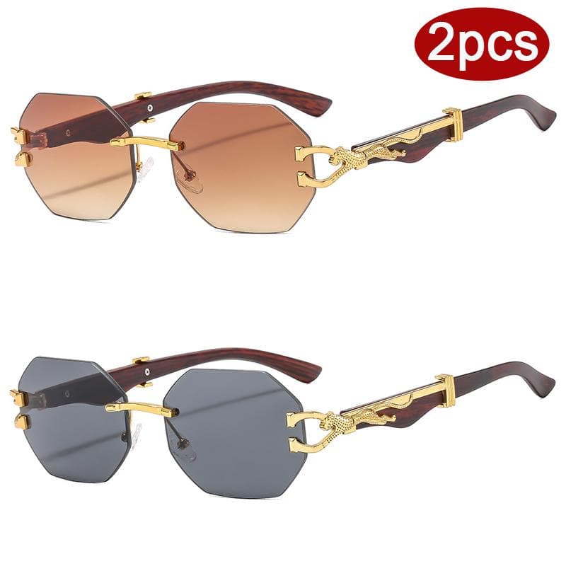 2pcs Rimless Polygon Women Sunglasses Leopard Decoration Wooden Leg UV400 Gradient Sun Glasses Protective Eyewear