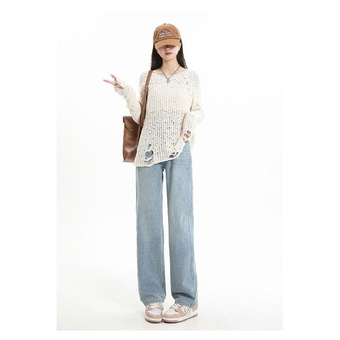 Jeans Narrow Version Casual Wide-leg Versatile High-waisted Floor Pants Covering Meat Loose Retro Straight-leg Trousers Light Blue 2XL