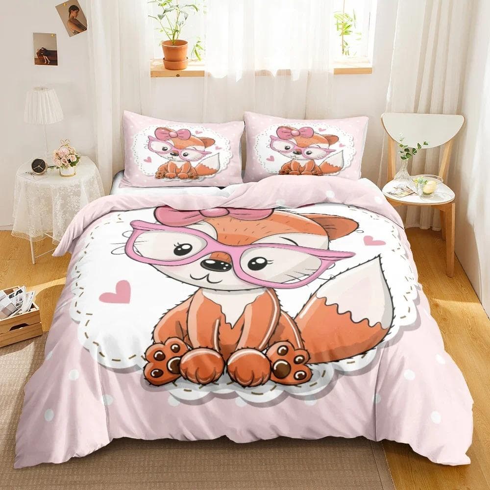 Cartoon Fox Bedding Set Cute Fox with Flower Feather Headband Duvet Cover Twin Full Queen King Polyester Duvet Cover Girls Boys EU Single 135x200cm