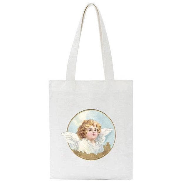 Fiorucci Letter Angel Cartoon Casual Vintage Large-capacity Fashion Harajuku Canvas Bag Hip Hop Shopping Bag Women Shoulder Bags 24*26cm