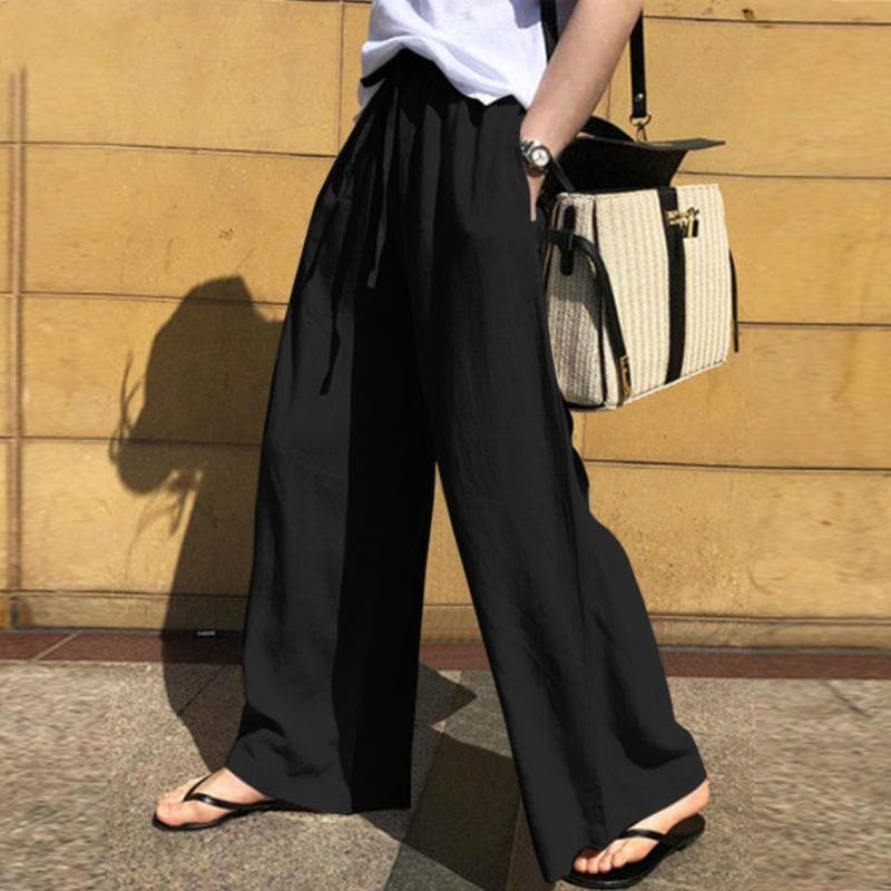 Women's High-Waist Wide-Leg Cotton Pants - Spring/Autumn Fashion, Solid Color, Casual Loose Trousers 5XL black
