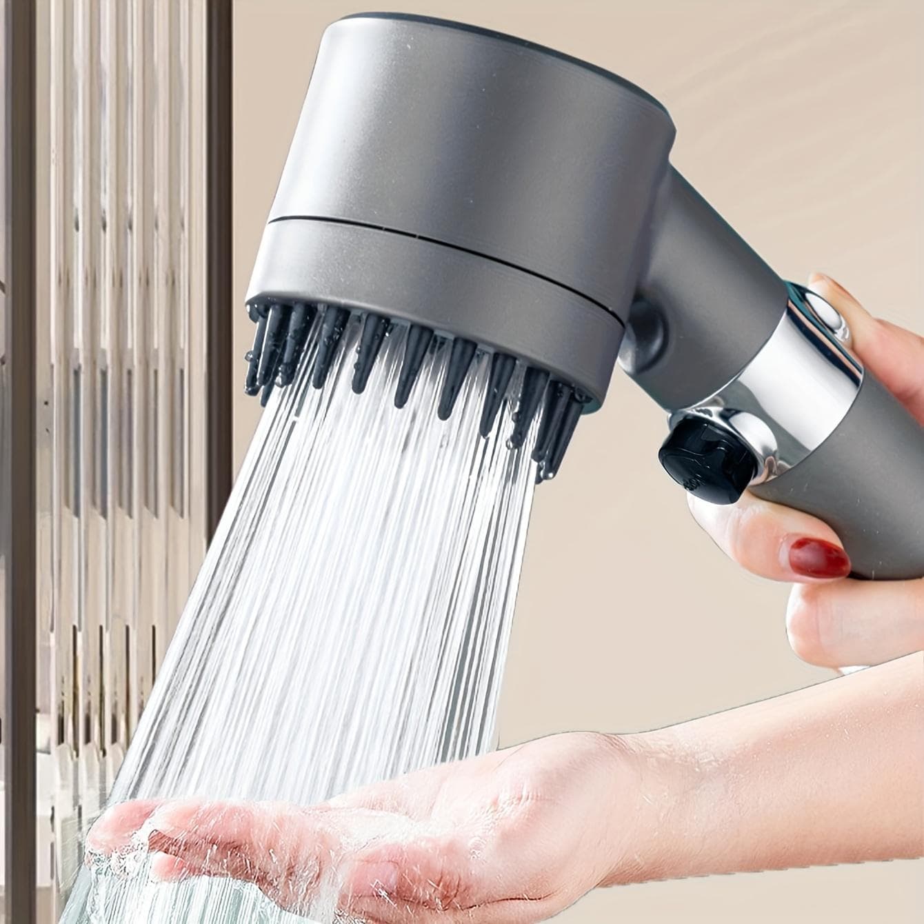 Pressurized Handheld Shower Head, 3 Modes Adjustable Water Output Shower Head, Round Massage Shower Head, Shower Sprinkler, Shower Spray Head, grey