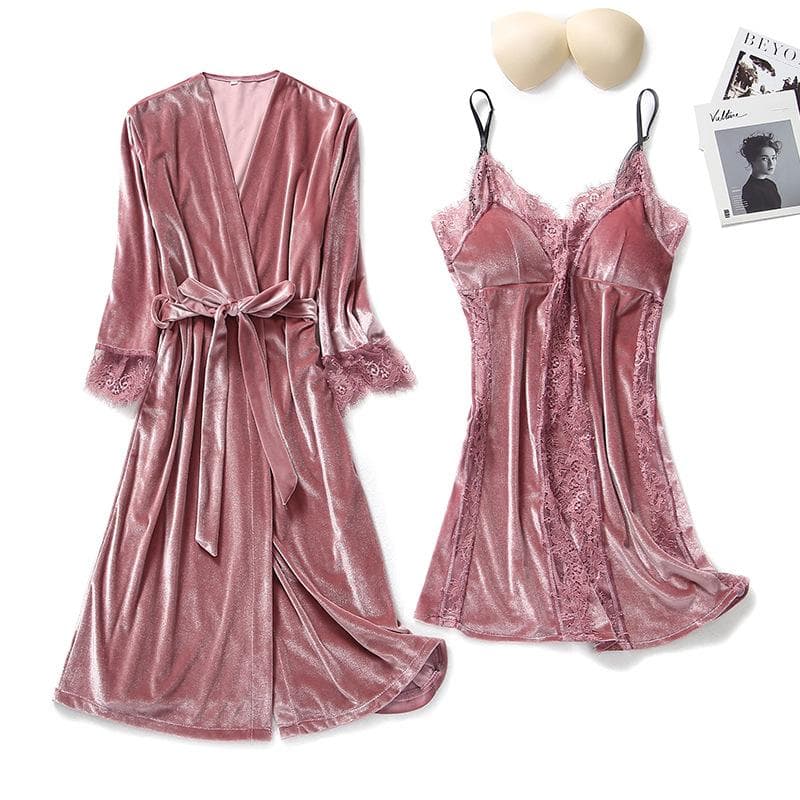 Autumn Winter Velvet Twinset Robe Set Women Sleepwear Sexy Patchwork Lace Nightgown Kimono Bathrobe Gown Loose Velour Home Dress XL