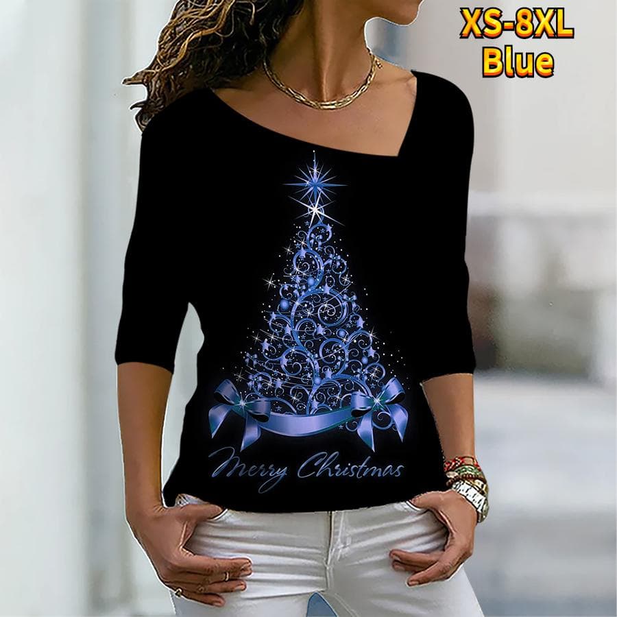 Women's Streetwear Sweatshirt Christmas Tree Sparkly Painting Graphic Patterned 3/4 Length Sleeve V Neck T Shirt Tee XS-8XL M
