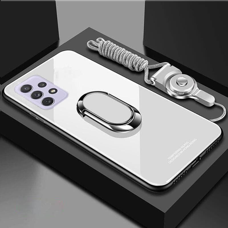 Tempered Glass Phone Case For Samsung Galaxy A73 A53 A33 A13 A03S A22 A52 A32 A42 A51 A71 A72 A12 5G Magnetic Ring Holder Stand Cover with Lanyard For Samsung A72 5G white