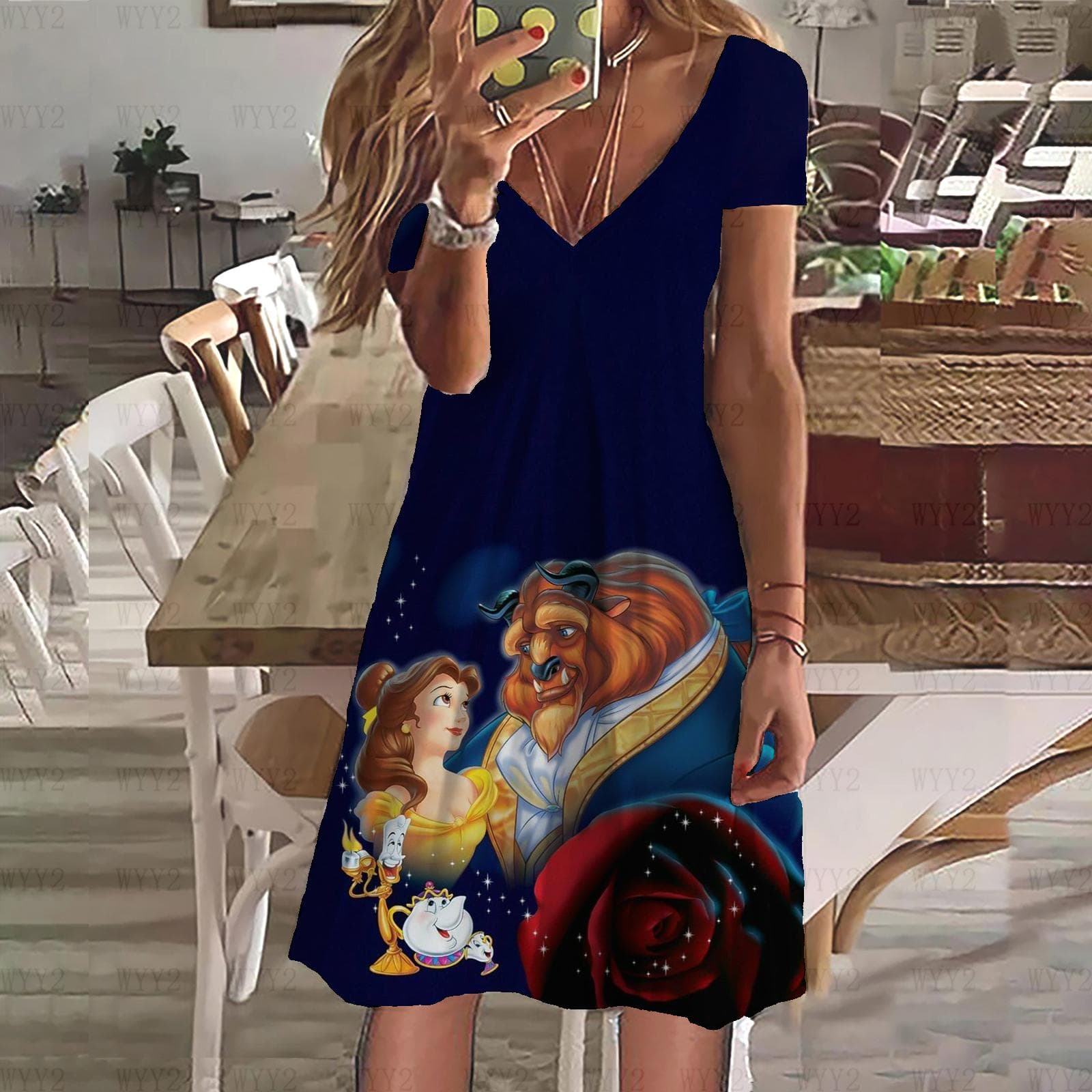 New Dress Disney Beauty and the Beast Print Summer Ladies V Neck Short Sleeve Dress Ladies Clothing Casual Street Style XL