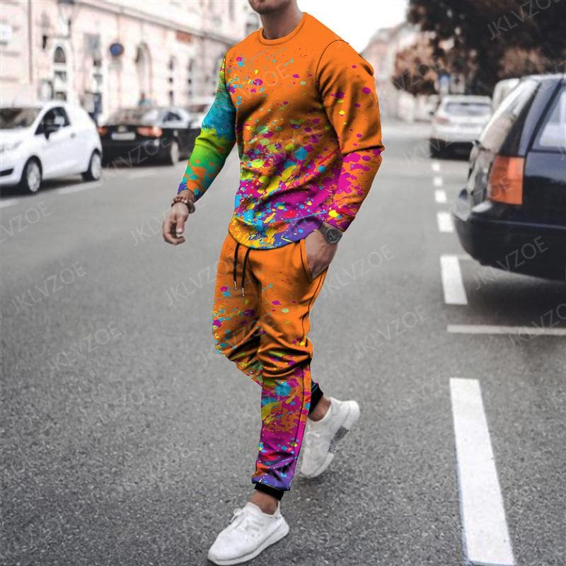 Spring Men's Tracksuit Set Color Splashing Ink Print T-shirt Long Sleeve Pant Casual Streetwear 2 Piece Suit Fashion Outfits 2XL