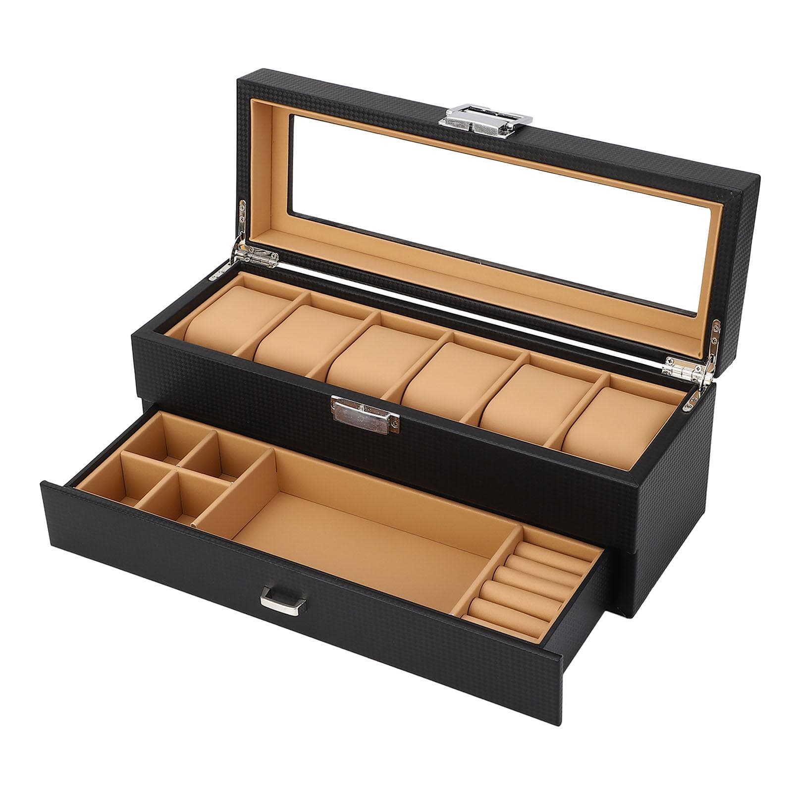 Watch Box 6 Slot 2 Layer Black Carbon Fiber PU Leather Watch and Jewelry Storage Organizer with