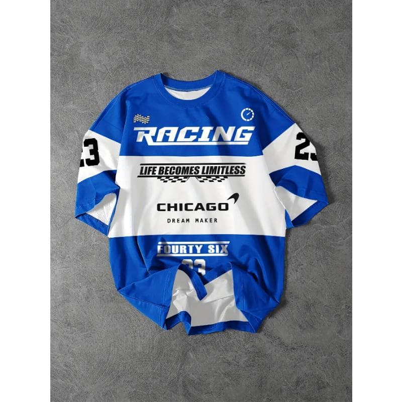 Men's Racing Theme Plaid Flag Pattern Letter Print T-shirt,Round Neck Short-sleeved T-shirt,Summer Outdoor Fashion 6XL
