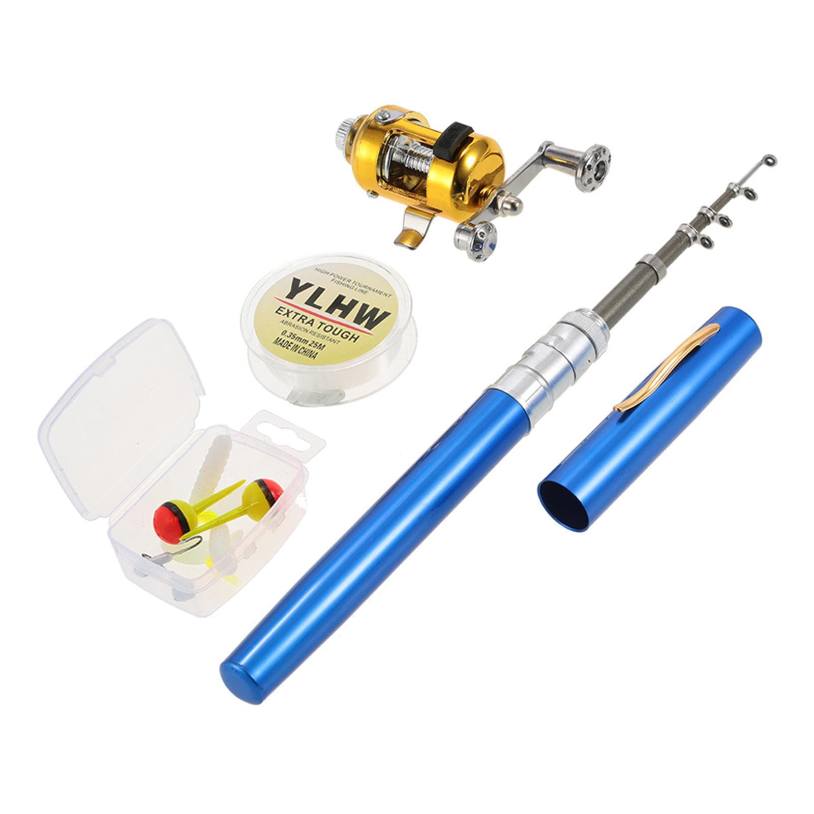 Fishing Rod Reel Combo Set Mini Telescopic Portable Pocket Pen Fishing Rod Pole and Reel Aluminum blue