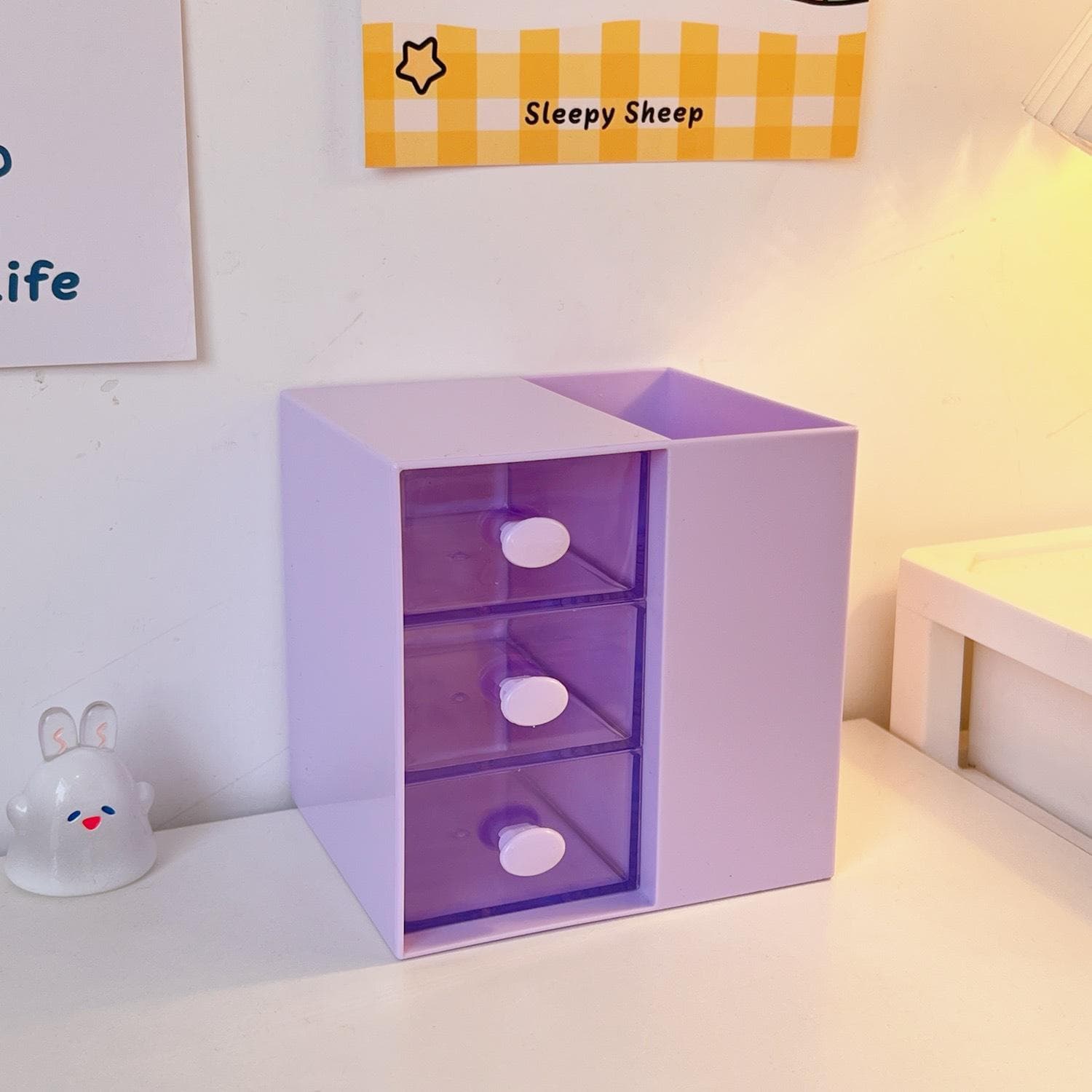 Cute Pen Holder Storage Organizer Boxes with Drawer Cosmetic Rack Kawaii Desk Accessories Girls Office School Desktop Stationery purple