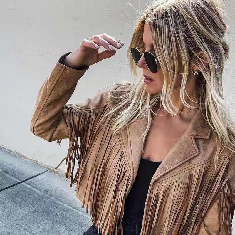 Women's Deerskin Jacket Lapel Fringe Short Coat Leather Coat M brown