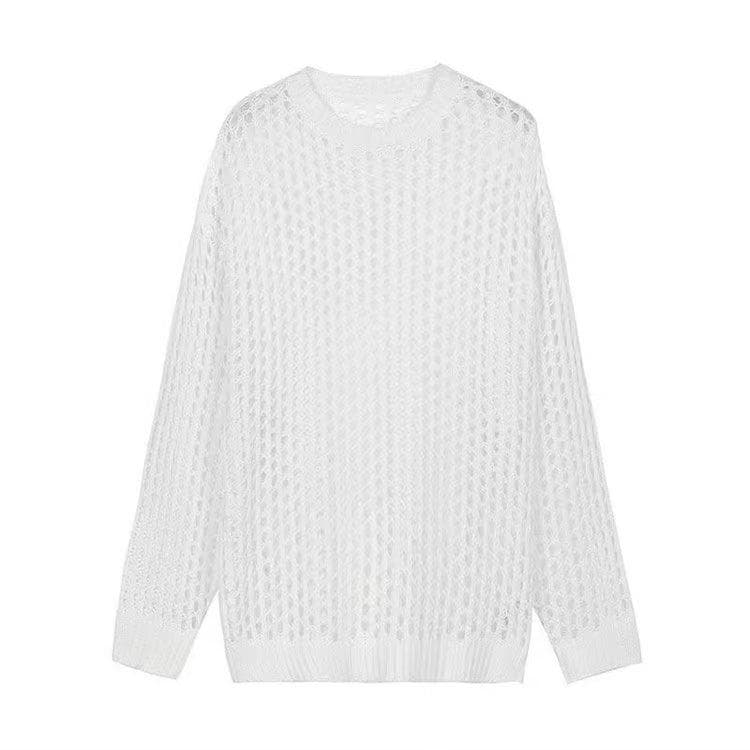 2024 Autumn Unisex Multi-Color Knit Sweater – Loose, Hollow, Mesh Round Neck Top Medium