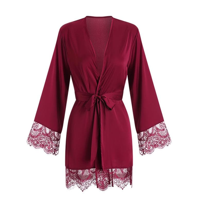 Women's Nightgown Autumn Solid Color Satin Lace Red Bathrobe Simple and Comfortable Lace-up V-Neck Sexy Elegant Nightgown One Size red