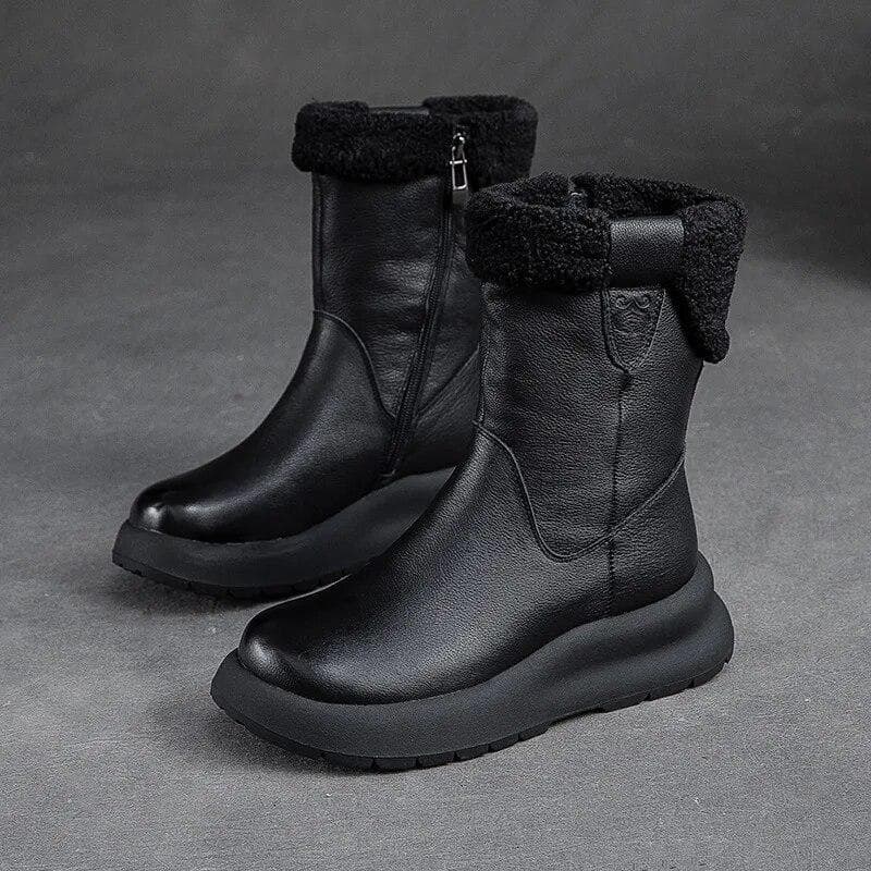 Snow Boots Genuine Leather Plush Warm Solid Color Thick Sole Women's Mid-calf Short Boots 39 black