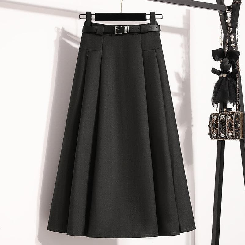 New Autumn and Winter Style Retro High Waist Slim A-line Pleated Skirt Solid Color Mid-length Hip-covering Skirt 4XL grey