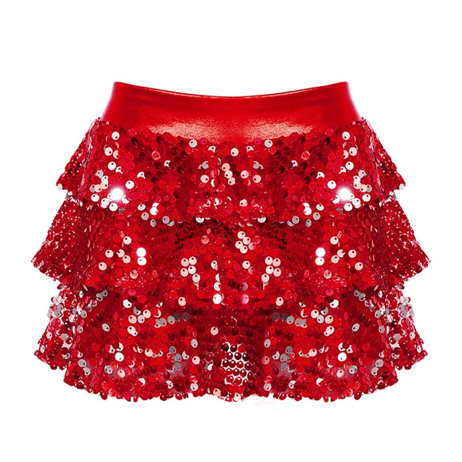 Kids Girls Sequin Metallic Skirted Shorts Jazz Latin Dance Outfits Performance Costume Dancewear 5-6 Years red