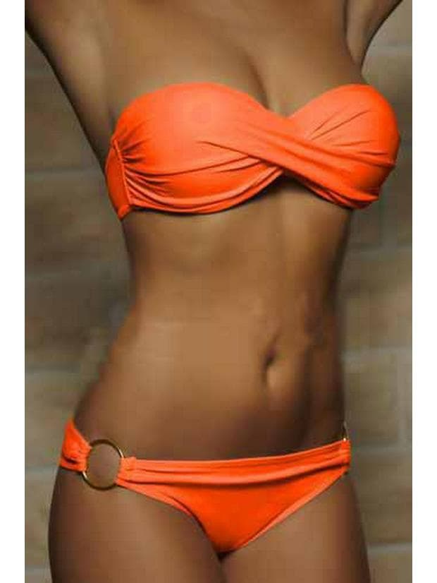 Trendy European & American Sexy Split Solid Color Bikini with Double Ring Accent Large orange