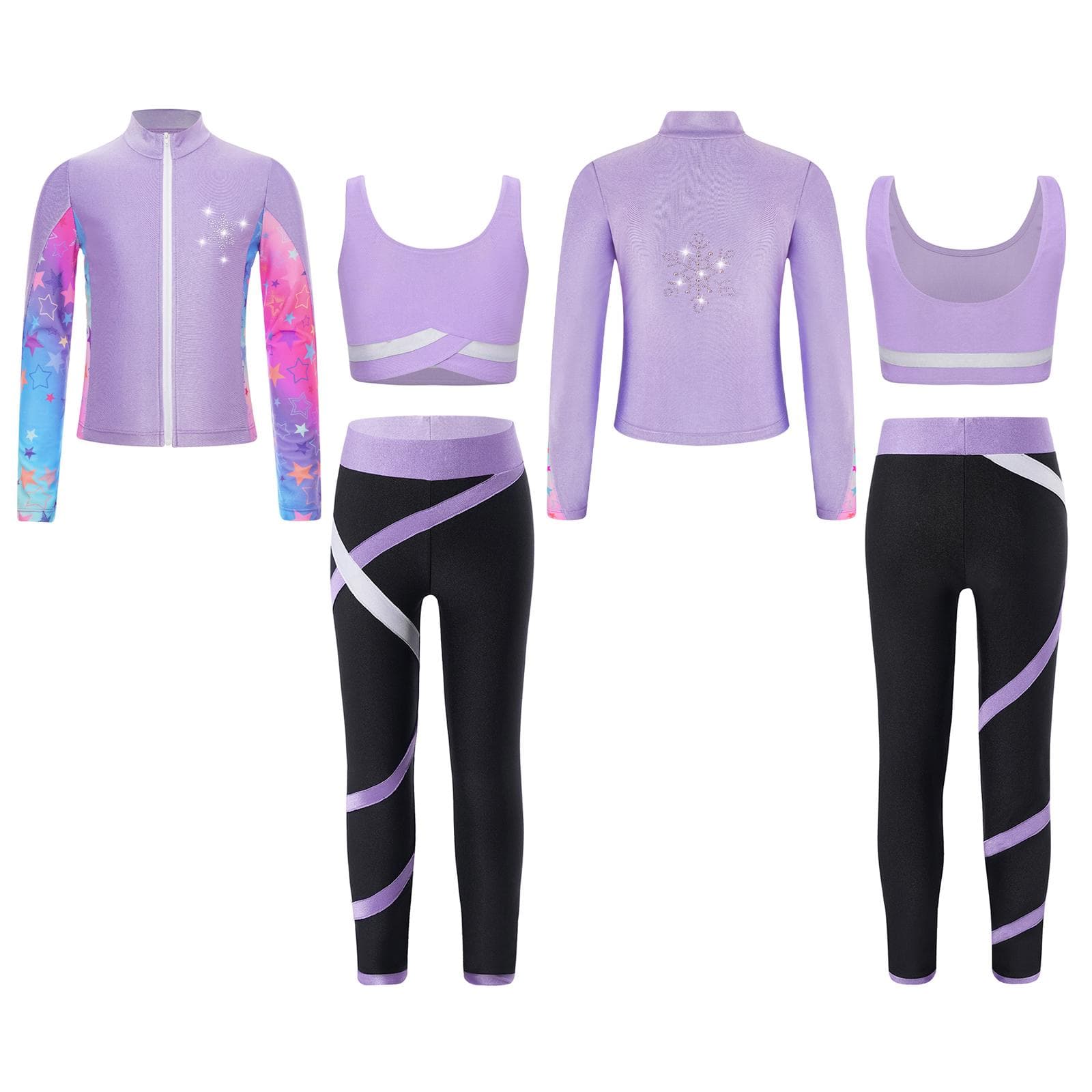 Kids 3 Pieces Girl Sports Dance Outfit Crop Tank Top with Athletic Leggings and Long Sleeve Jacket Set Tracksuit 15-16 Years light purple