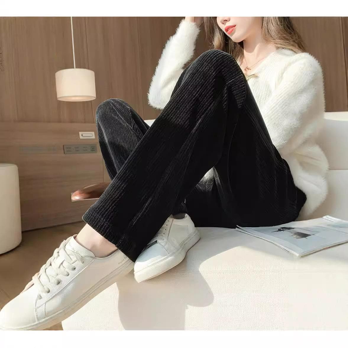 Corduroy Straight Narrow Version Casual Pants for Women In Autumn and Winter New Thickened Warm High-waisted Small White Trousers XXL