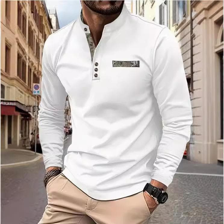 Men's spring and autumn men's stand-up collar polo shirt casual sports long-sleeved Henley shirt XXXL white